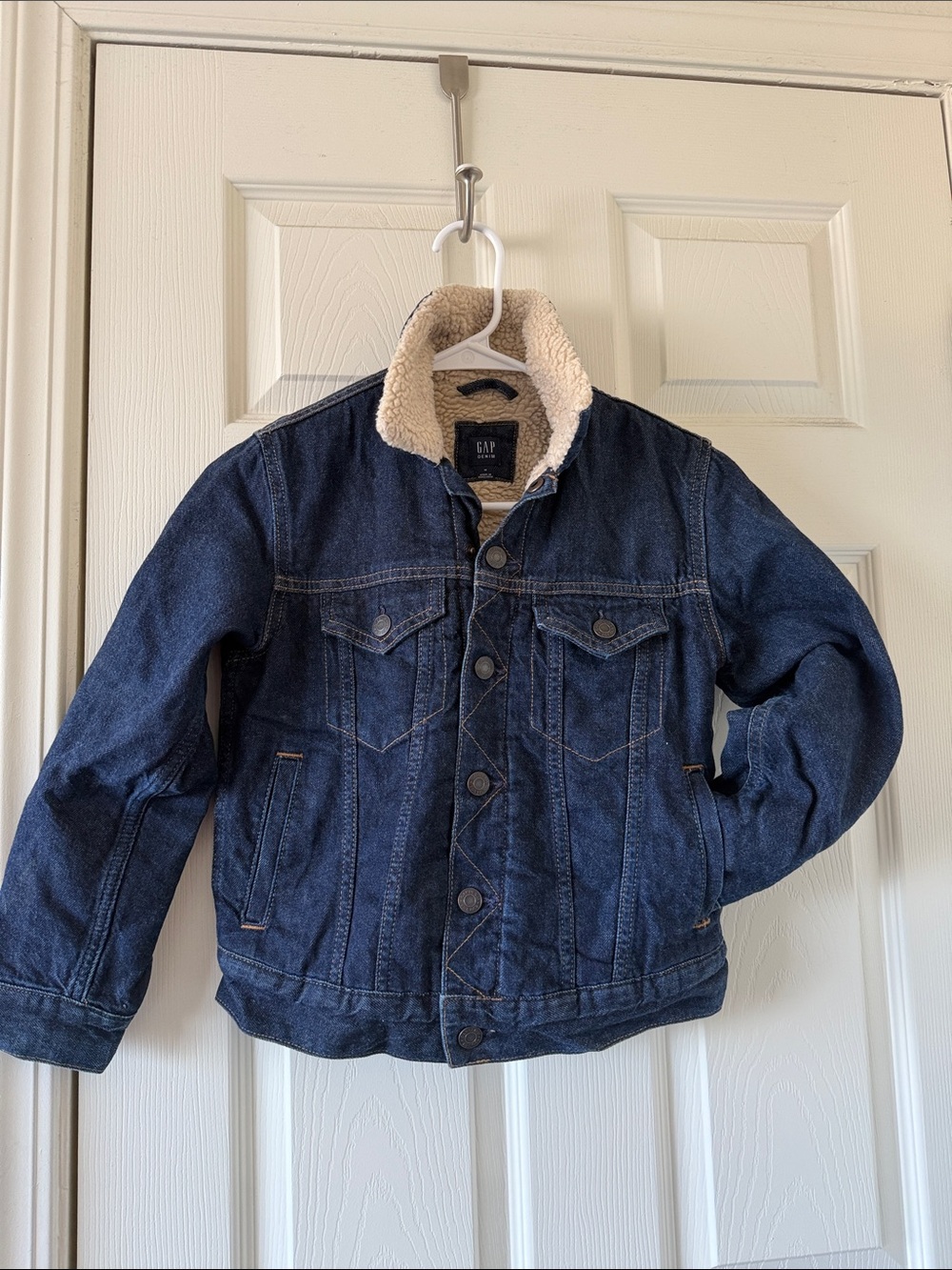 GAP Kids Dark Blue Denim Jacket with Cream Sherpa Collar Preown